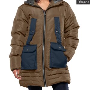 Reid Womens Insulated Leather Puffer Coat (Brown & Navy Blue)