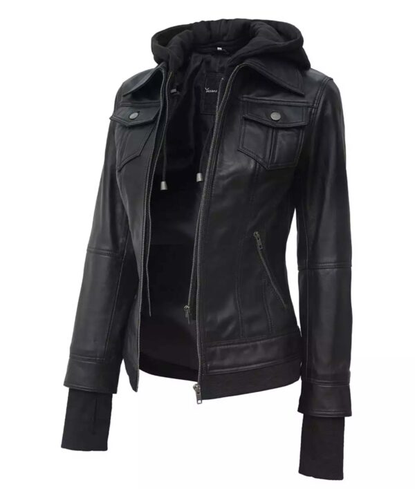 Blaze Women's Black Bomber Jacket  Removable Hood Included - Image 3