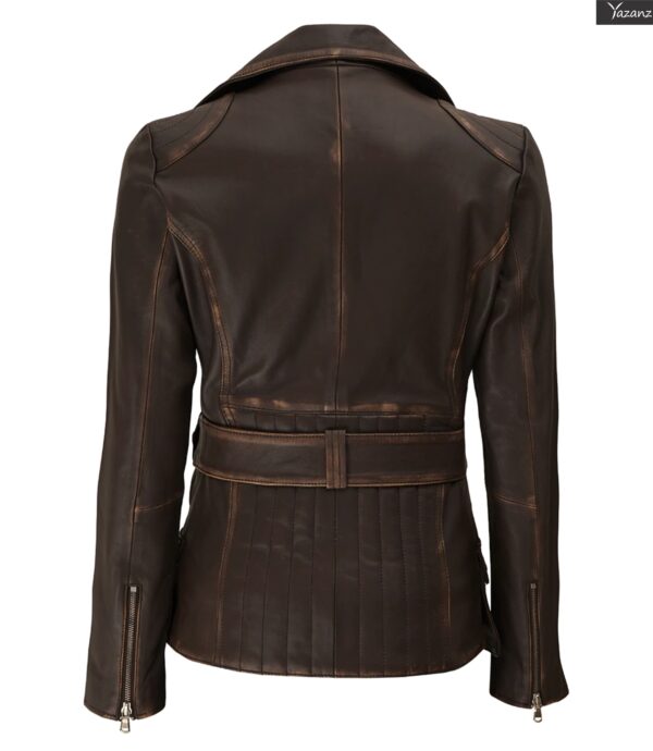 Women's Distressed Brown Leather Biker Jacket  Long Style - Image 2